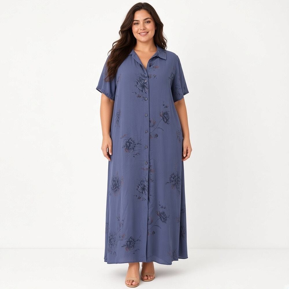 Charter Club Blue Floral Sheer Maxi Shirt Dress 14W 90s Rayon Lagenlook Office
